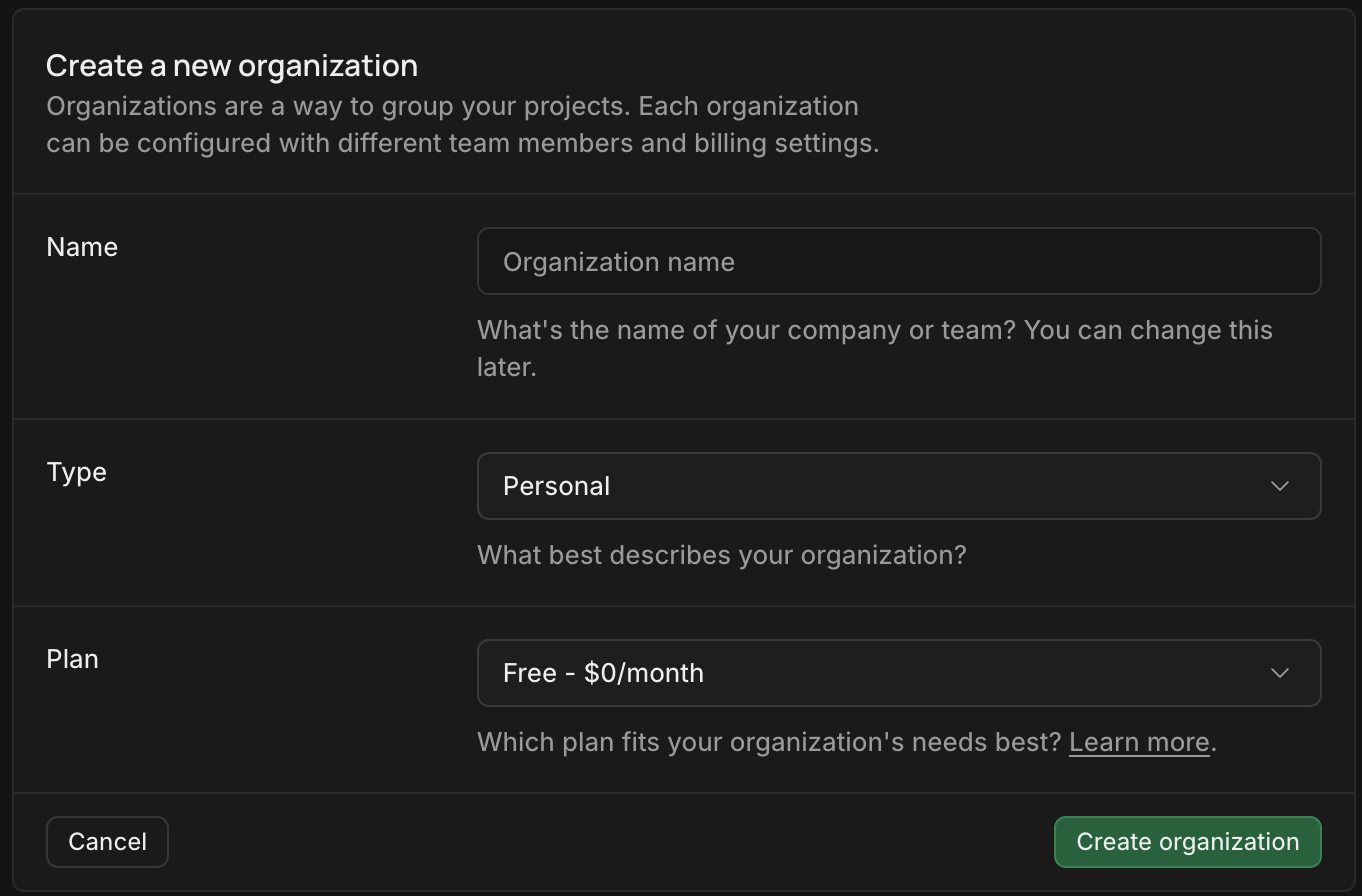 หน้าจอ Create a new organization ของ Supabase