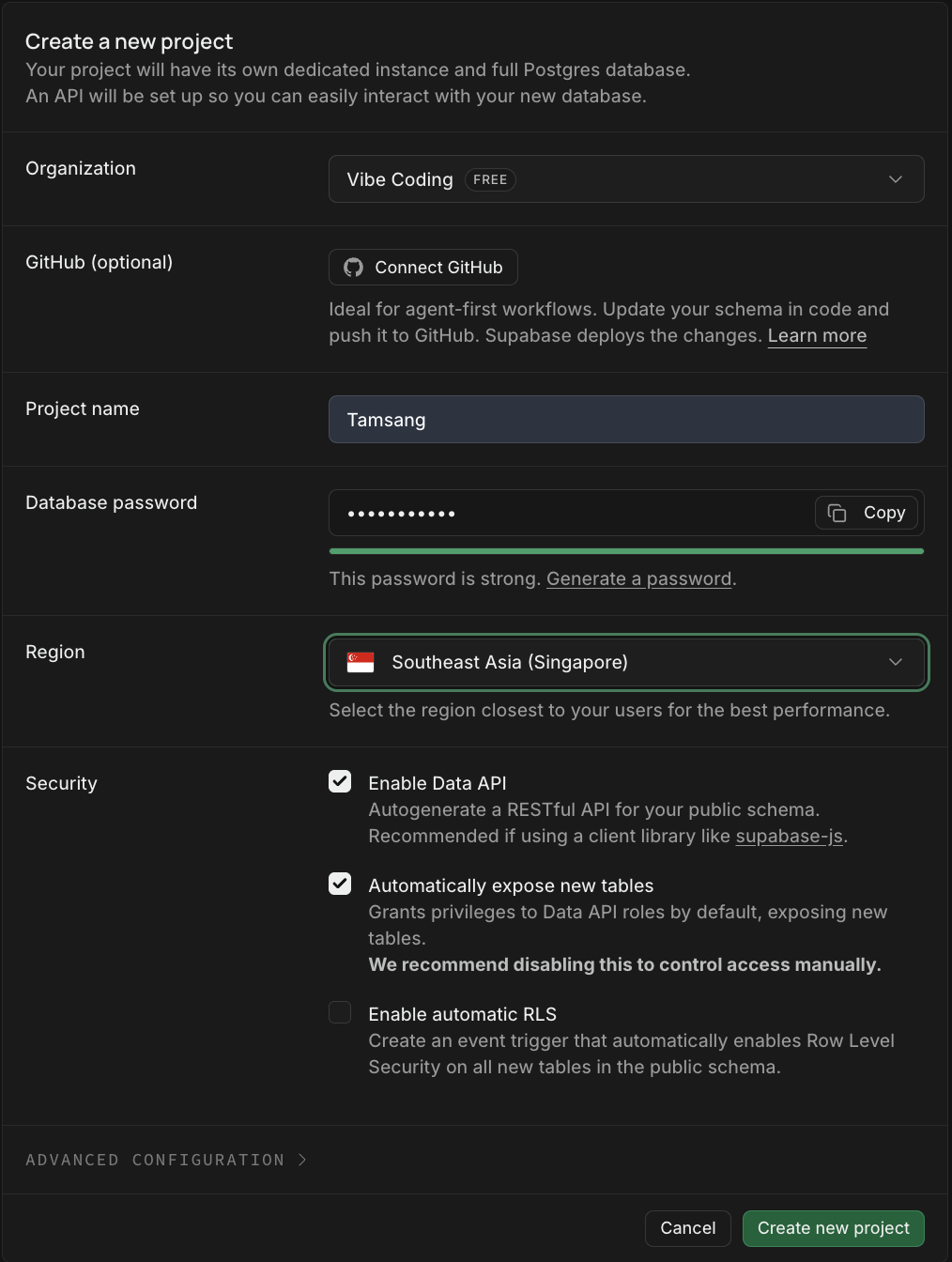 หน้าจอ Create a new project ของ Supabase